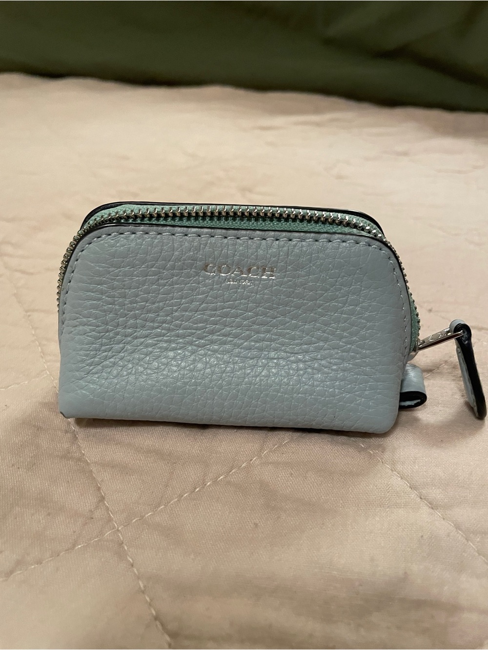 Coach Light Blue Pebbled Leather Pouch with Silver Zipper